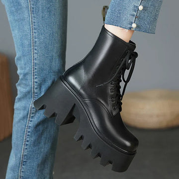 Xajzpa Punk Goth Ankle Boots Women Black Chunky Wedge Platform Shoes Woman Lace Autumn Patent Leather Footwear Lady Botas Mujer